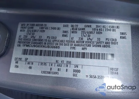 2022 Ford Escape Se из США, поврежденный, VIN 1FMCU9G6XNUB30685